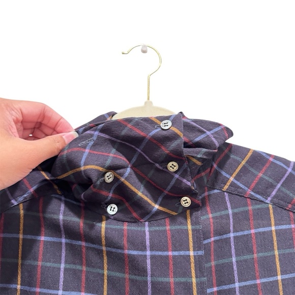 Vintage 80s Christian Dior Wool Turtleneck Button Down Shirt Retro Plaid Navy 14 - Picture 3 of 16